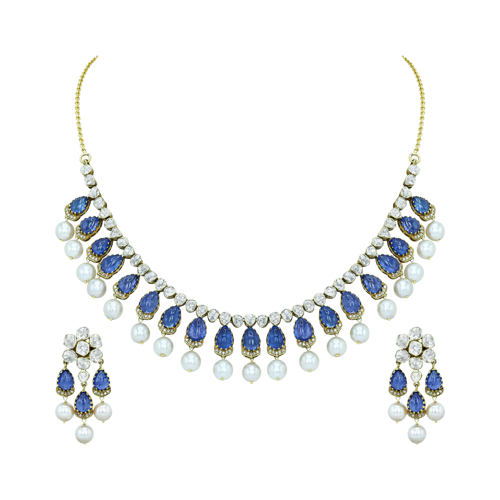 Tanzanite Necklace Set with Polki Diamonds and Pearl Drops